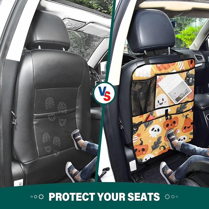1 Pack Backseat Car Organizer with Storage Pockets Seat Back Organizers for Kids Kick Mats Backseat Protector Automotive Halloween Holiday