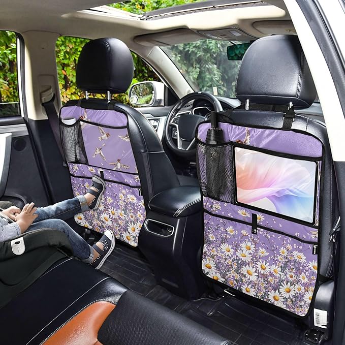 Purple Daisy Flowers and Flying Birds 1 Pack Backseat Car Organizer with Storage Pockets Seat Back Organizers for Kids Kick Mats Backseat Protector Automotive