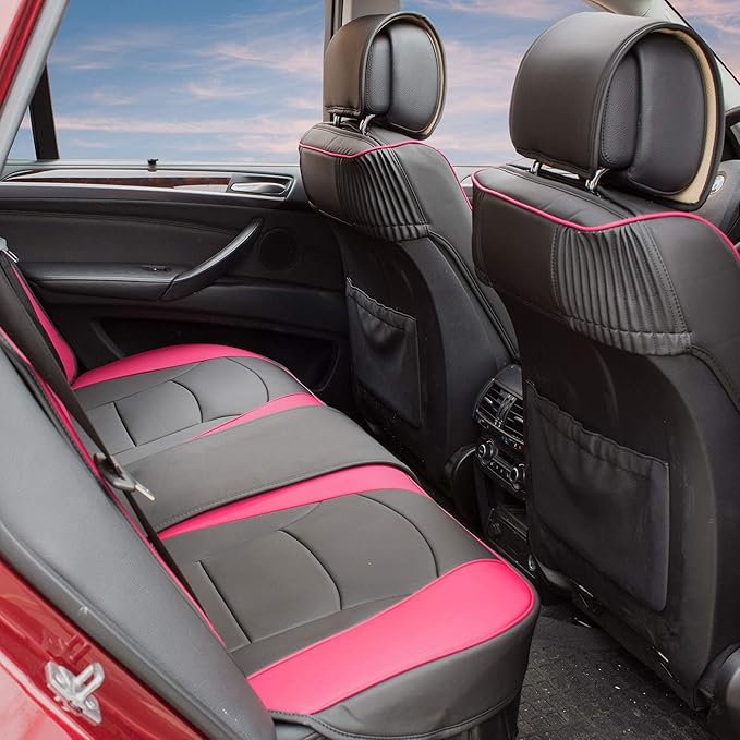 FH Group Car Seat Cover for Back Seat Pink Black Faux Leather - Universal Fit, Rear Seat Covers for Cars with Rear Split Bench, Car Seat Cushions, Car Interior Accessories for SUV, Sedan, Van
