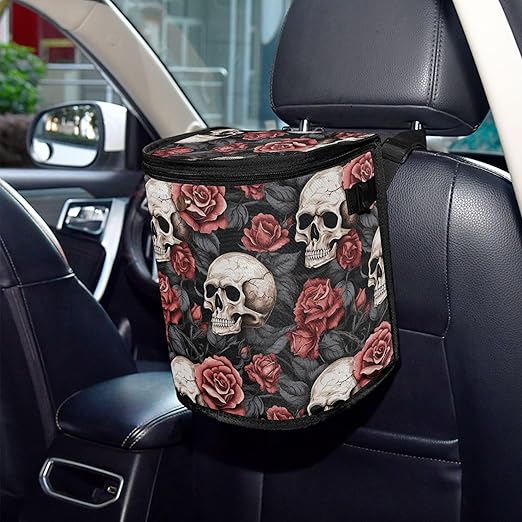 MNSRUU Car Trash Can with Lid, Gothic Skull and Flower Car Trash Bag Hanging Organizers and Storage for Front Back Seat, Leak-Proof Trash Bin