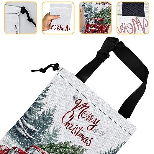 Vintage Red Truck Car Trash Bag,Green Fir Tree Hanging Drawstring Car Garbage Bag,Canvas Car Back Seat Organizer with Adjustable Buckle for Men and Women