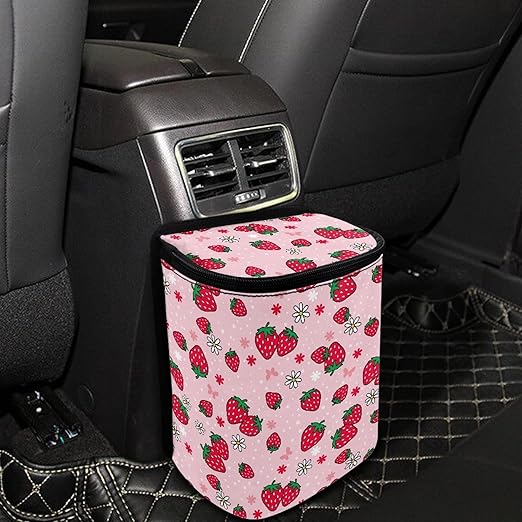 Pink Strawberry Car Trash Can with Lid Garage Bag Automotive Garbage Bin Reusable Auto Accessories Interior Car Organizer with Adjustable Straps