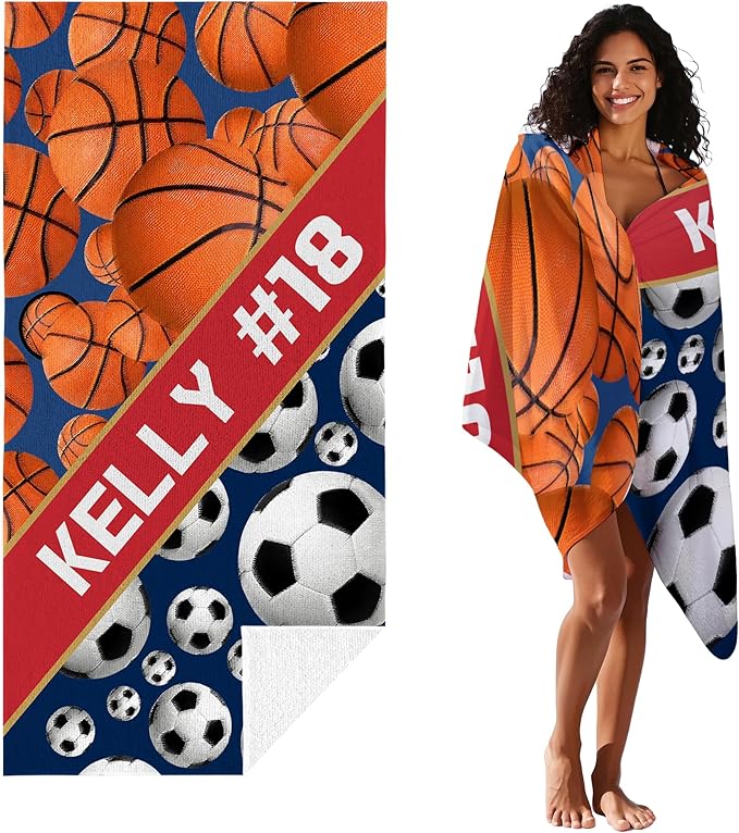 Personalized Beach Towel With Name, Custom Beach Towel with Text, Customized Basketball Football Microfiber Pool Towel, Quick Dry & Absorbent Swim Towel for Adult,Anniversary, Birthday, Summer Holiday