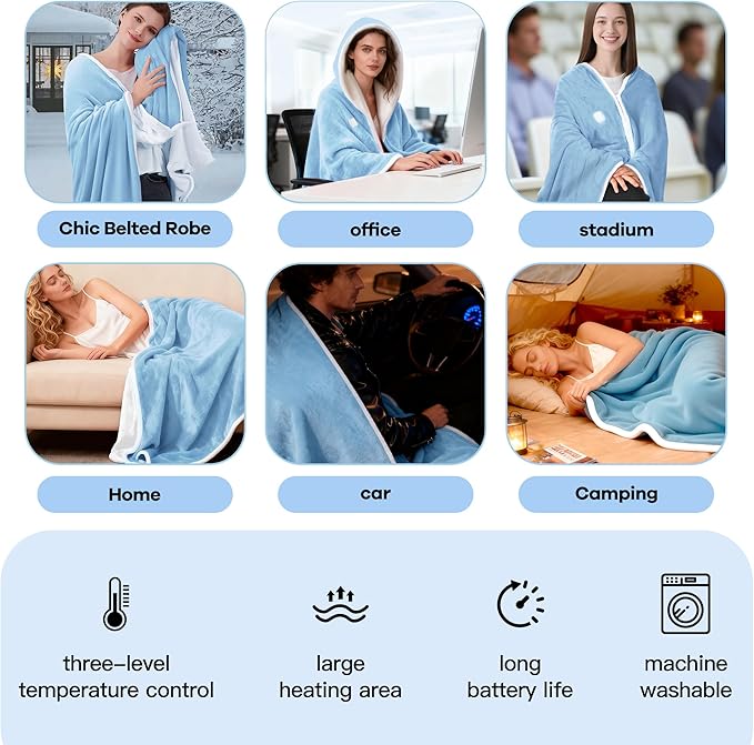 Wearable Heated Blanket with 20000mAh Power Bank, 11 Heating Zones, 3 Heat Levels, Timer, USB Powered, Machine Washable, for Camping, Office, Travel, Home Use (Snowy Blue)