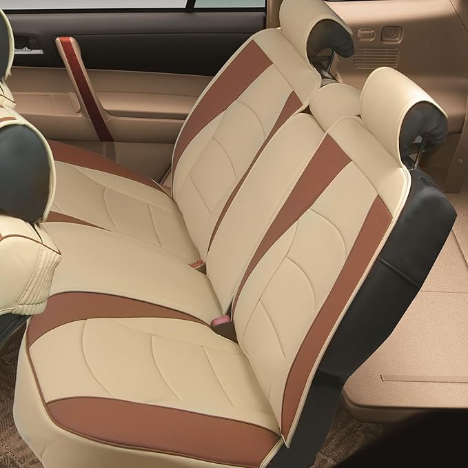 FH Group Car Seat Cover for Back Seat Beige Brown Faux Leather - Universal Fit, Rear Seat Covers for Cars with Rear Split Bench, Car Seat Cushions, Car Interior Accessories for SUV, Sedan, Van