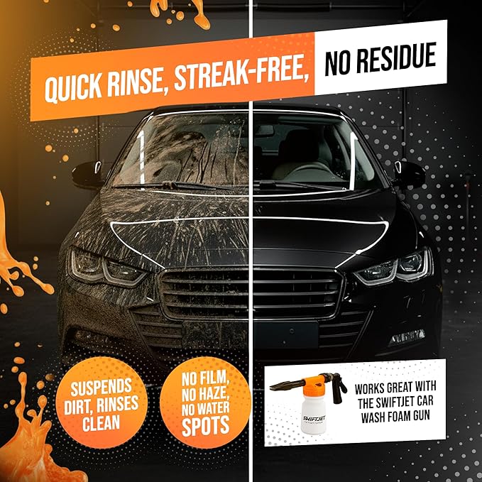 SwiftJet Orange Foam Car Wash Soap – pH Balanced Super Soapy Shampoo & Surface Cleaner – Thick Foaming Suds for Cars, Trucks, SUVs & Boats – Streak-Free Shine, Safe on Wax & Sealant (64 FL OZ)