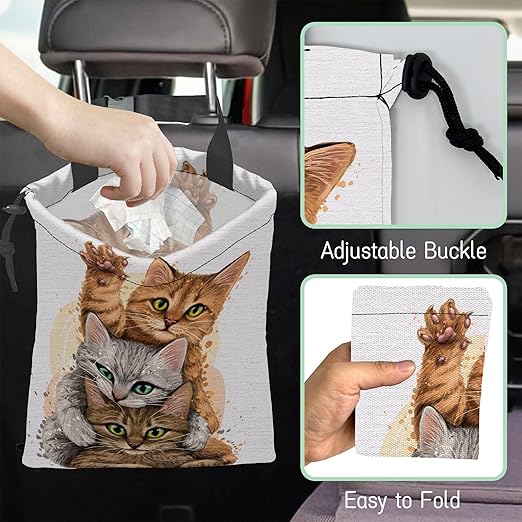 Cute Cats Car Trash Bag,Kittens Hanging Drawstring Car Garbage Bag,Waterproof Canvas Car Back Seat Organizer with Adjustable Buckle,for Vehicles,SUVs,Camping,Road Trips