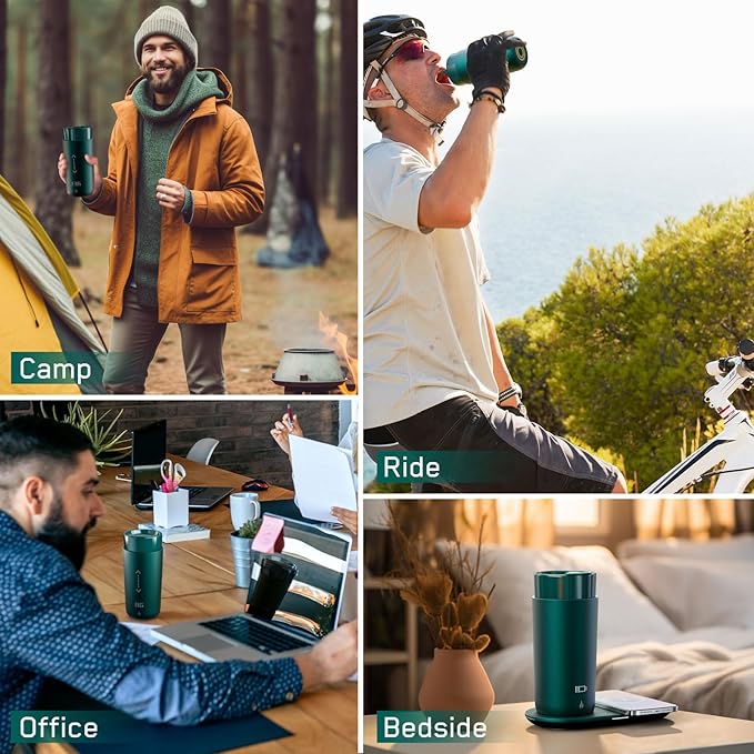 Temperature Control Heated Coffee Mug Smart Self Heating Travel Mug 12 Oz App Controlled Warmer Mug 4-10 Hour LED Display Keep Coffee Hot Fast Wireless Charger Base Jade Green