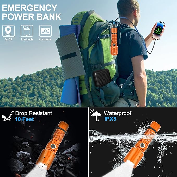 Banral Flashlights High Lumens Rechargeable, Super Bright Long Range Small Powerful Flashlight, 6 Modes LED Tactical Pocket Waterproof Flash Light for Home Emergency (1, Orange)