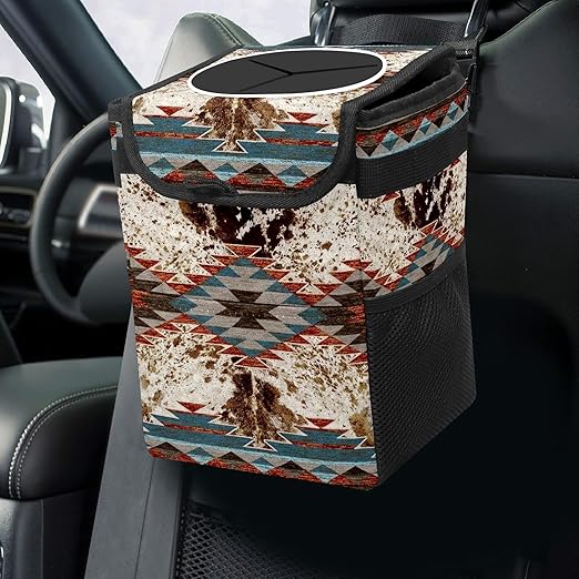 Western Aztec Cow Print Collapsible Reusable Waterproof Car Trash Can with Lid - Automotive Garbage Can, Interior Car Organizer