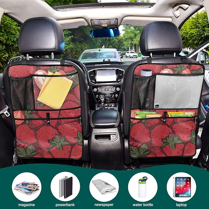 1 Pack Back Seat Car Organizer with Storage Pockets Kick Mats Back Seat Protector Hanging Car Organizer Automotive Seat Back Cover Organizers Cartoon Red Strawberry