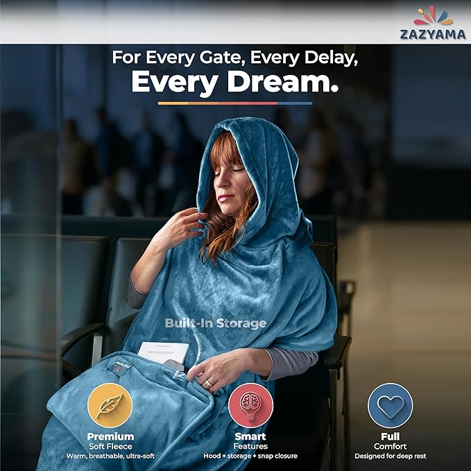 3-in-1 Travel Blanket Airplane – Compact with Bag & Pillow Combo Set, Dusty Blue Ultra-Soft Fleece | Packable Blanket Compact | Hidden Pocket | Trolley Sleeve | Carabiner | Travel Essentials