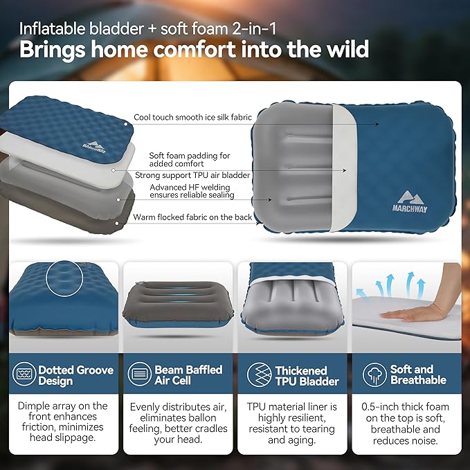 MARCHWAY Inflatable Camping Pillow with Soft Foam Top & TPU Air Bladder, Dual-Sided Support for All-Season, Lightweight Compact Travel Pillow for Hiking, Backpacking, Airplane, Car (Blue)
