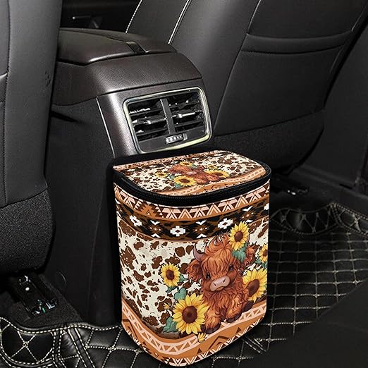 Highland Cow Car Trash Can with Lid Garage Bag Southwest Aztec Automotive Garbage Bin Reusable Auto Accessories Interior Car Organizer with Adjustable Straps