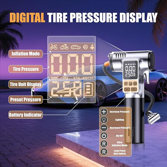 Tire Inflator Portable Air Compressor, Digital Pressure Gauge & Auto Shut-Off, Portable emergency tool as LED light, safety hammer & seatbelt cutter, for Car, Bike, Ball, Motor