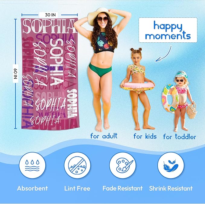JML Personalized Beach Towel with Name, Custom Beach Towel with Name, Customized Microfiber Pool Towel, Quick Dry & Absorbent Swim Towel for Adult,Anniversary, Birthday, Summer Holiday,Vacation
