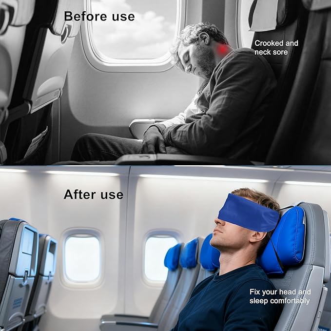 Travel Pillows for Airplanes, Airplane Head Strap with Silk Eye Mask for Sleeping, Long Flights & Car Road Trips 360°Headrest Neck Support, Stops Bobbing, Small & Compact（Blue）