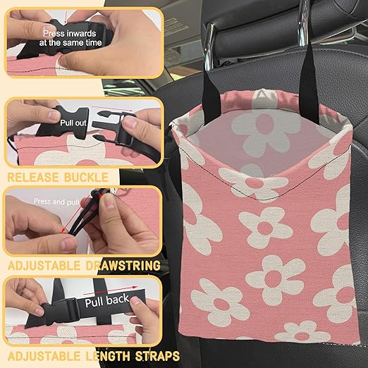 Pink Groovy Flowers Car Garbage Bag, Small Car Trash Bag Hanging,Drawstring Car Garbage Bag with Adjustable Buckle for Car Back Seat,SUVs,Camping,Road Trips