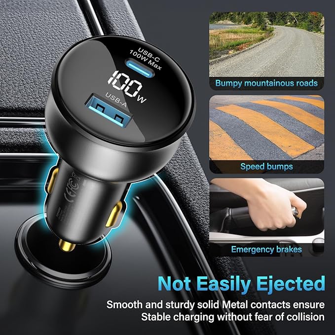 100W USB C Fast Car Charger with Display, PD3.0+QC Type C Car Charger Adapter with 100W USB C Fast Cable, Fast Charging for Laptops, MacBook Pro, iPad, iPhone 16/15/Pro Max, Galaxy S24/S23 Ultra Etc.