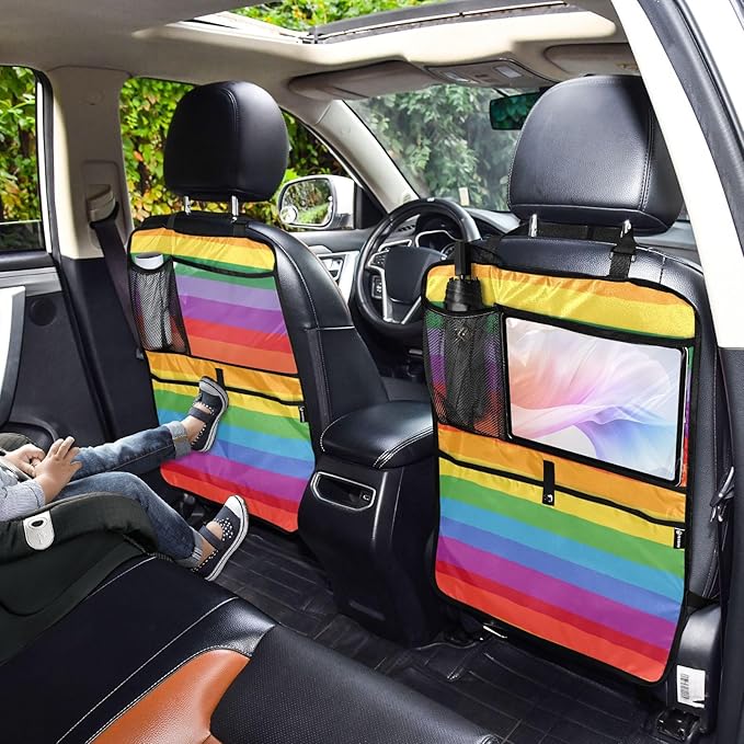 1 Pack Back Seat Car Organizer with Storage Pockets Kick Mats Back Seat Protector Hanging Car Organizer Automotive Seat Back Cover Organizers Vibrant Colorful Stripes