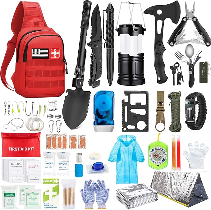 Emergency Survival Kit, 151 Pcs Survival Gear First Aid Kit, Outdoor Trauma Bag with Tactical Flashlight Knife Pliers Pen Blanket Bracelets Compass for Camping Earthquake or Adventures