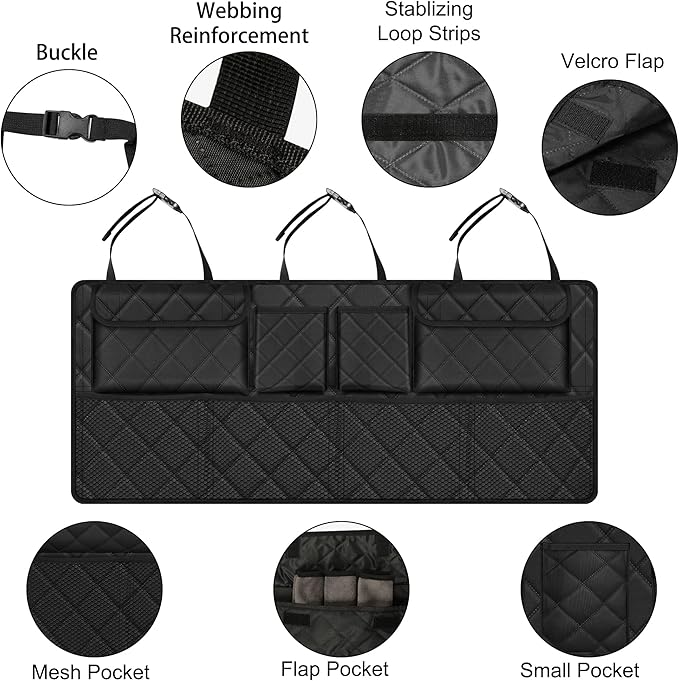 Femuar Car Trunk Organizer, Large Capacity Backseat Trunk Organizer (42"*18"), Collapsible Car Storage Bag with 8 Pockets, SUV/MPV/Truck - Black