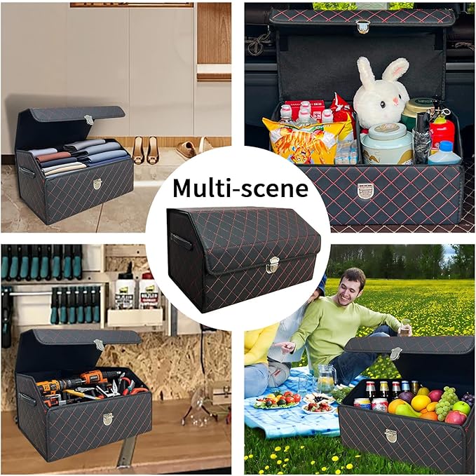 Trunk Organizer for Car With Lid,Foldable Trunk Organizer for SUVs & Sedans,Multi-Functional Leather Storage Box- Black Red Grid - Small