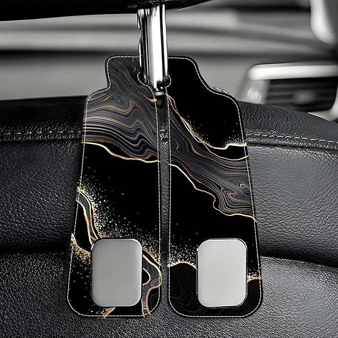 1 Pack Car Seat Headrest Hooks for Purses Abstract Black Golden Marble Bag Purse Holder for Car with Double Metal Hooks Car Purse Hanger Hanging Accessories