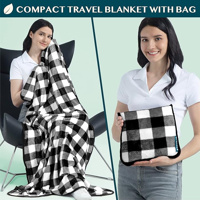 PAVILIA Travel Blanket Pillow, Soft Airplane Blanket 2-in-1 Combo Set, Plane Blanket Compact Packable, Flight Essentials Car Pillow, Travelers Gifts Accessories, Backpack Strap, 60x43 Checker White