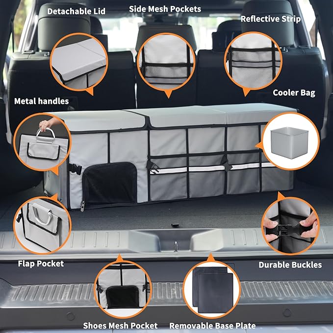 HAMOPY Car Trunk Organizer and Storage with Separate Compartment for 1 Pair of Shoes, Heavy Duty with Lid & Removable Leakproof Cooler Bag, Collapsible Large Trunk Organizers for SUV Sendan (Grey)