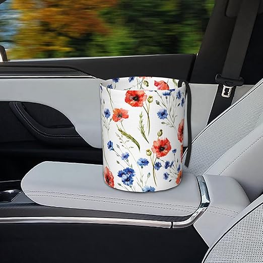 Car Trash Bag Watercolor Red Blue Flowers Waterproof Trash Small Car Can Portable Collapsible Car Garbage Can Hanging for Back Seat Floor or Hanging Headrest Car Decor Road Trip Essentials