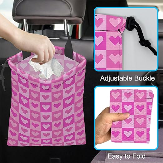 Car Trash Bag Hanging Pink Love Car Trash Can Waterproof Garbage Bag Hanging for Car Back Seat with Adjustable Straps and Drawstring for Car Accessories Vehicle Travelling