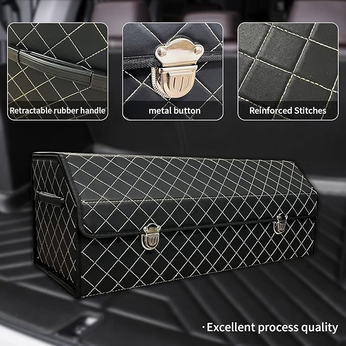 Trunk Organizer for Car With Lid,Foldable Trunk Organizer for SUVs & Sedans,Multi-Functional Leather Storage Box - Black Grid - Large
