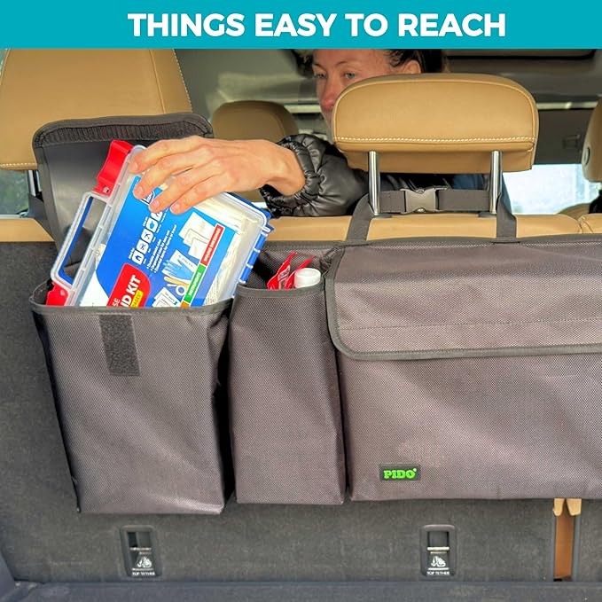 PIDO Hanging Trunk Organizer, Backseat Trunk Organizer for SUV, Hanging Car Storage Bag with Large Pockets for Sedan, Truck, Van, Upgraded Premium Fabric, Space Saving Car Interior Accessory