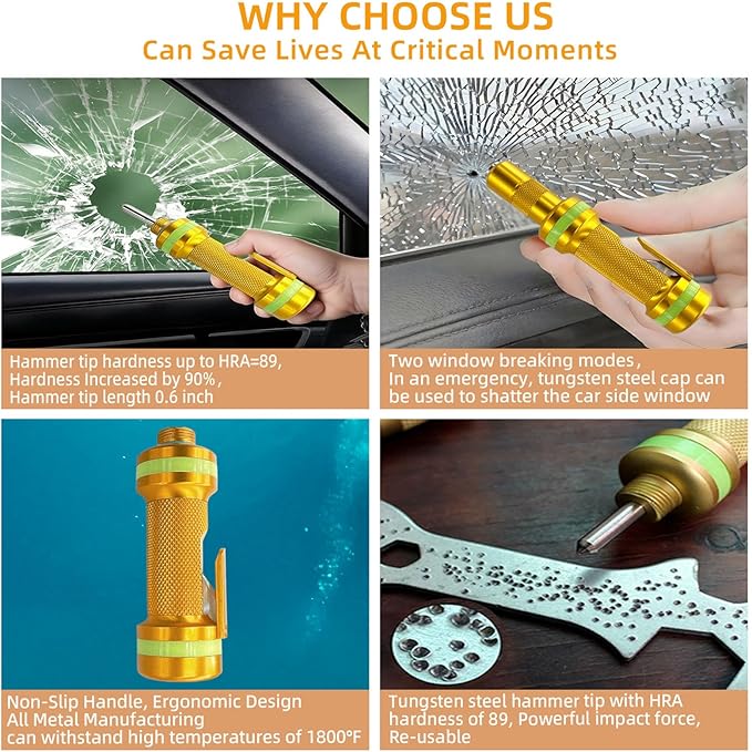 2-in-1 Window Breaker Seatbelt Cutter, Car Window Breaker Tool, Metal Glass Breaker - Extended Tungsten Steel Hammer Tip, Can Shatter Tempered & Laminated Glass (Orange, 1 PCS)