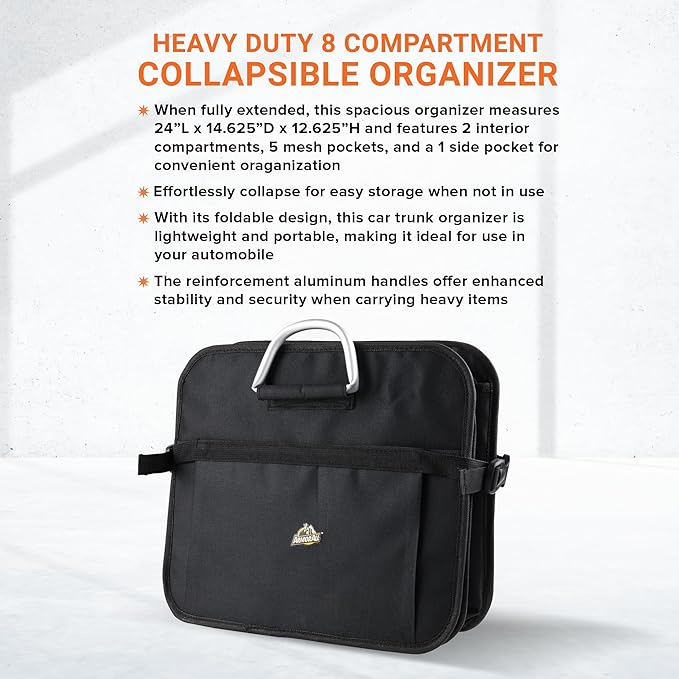 Armor All Car Trunk Organizer, Collapsible Multi-Compartment Car Organizers with Strong Aluminum Handles Foldable and Waterproof, Suitable for Any Car, SUV, Mini-Van, Black