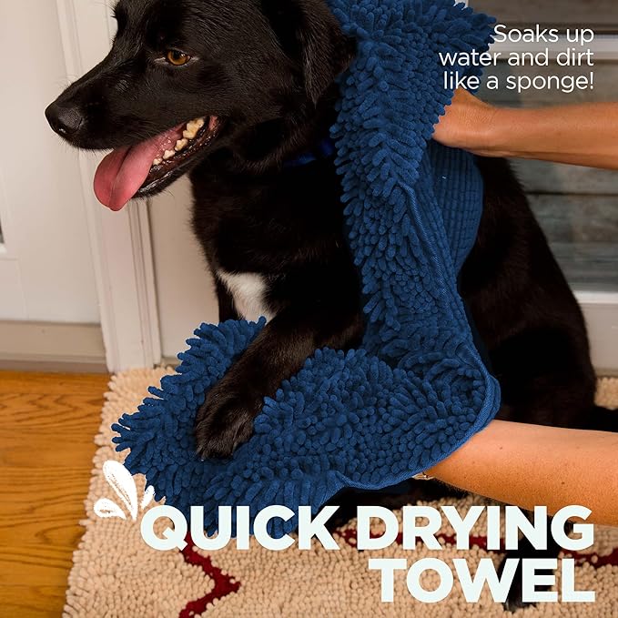 Soggy Doggy Super Shammy Dog Towel - Microfiber Chenille Towel for Drying Dogs and Cleaning Paws - Fast Drying with Hand Pockets for Ease (Navy Blue, 31” x 14”)