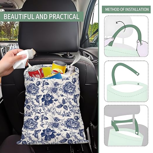 Cute Car Trash Can, Hanging Canvas Car Back Seat Organizer and Storage Bag, Funny Car Trash Bag For Travelling, Outdoor Blue Ceramic Floral