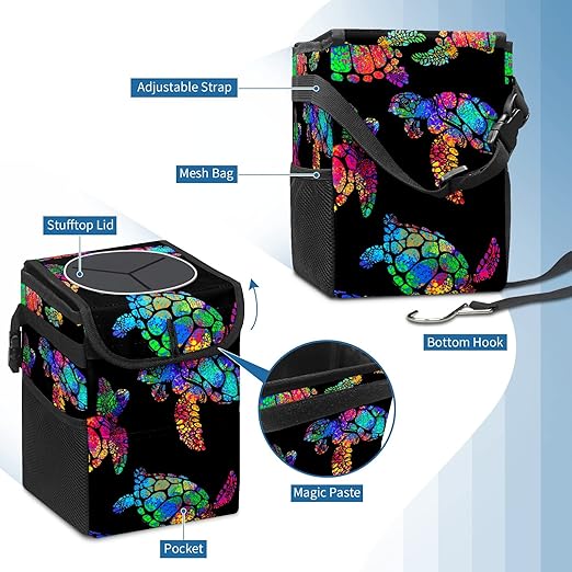 Colorful Sea Turtle Animal Car Trash Can with Lid Collapsible Reusable Waterproof Automotive Garbage Can,Car Organizer