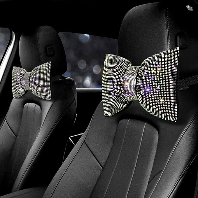 surpassme 2PCS Rhinestone Car Headrest Neck Pillow for Driving with Bling Bling Crystal Bow Pillow Car Accessories for Women (Color)