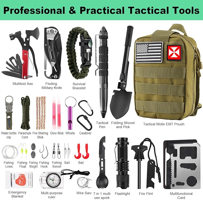 Survival Kit 256 in 1, First Aid Kit Survival Gear Tools Trauma Kit with Molle Pouch for Outdoor, Camping, Hunting, Hiking, Earthquake, Home, Office, Gifts for Men Dad Husband Women
