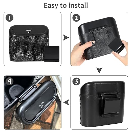 Accmor Bling Car Trash Can with Lid, Mini Auto Garbage Storage Bin with 60pcs Garbage Bags, Sparkling Crystal Trash Bags Holder Dustbin Vehicle Accessories Container Organizer (Black Rhinestone)