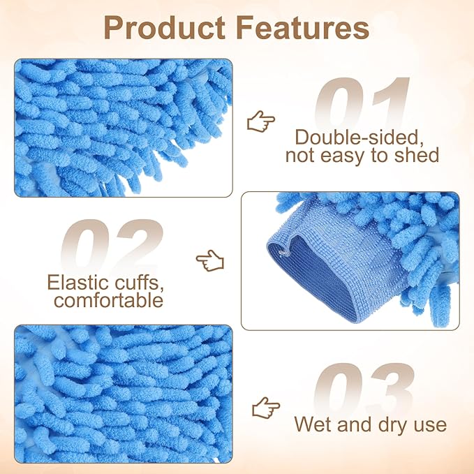 HARFINGTON Chenille Microfiber Car Wash Mitts 9.8" x 7.9" Scratch Free Wash Gloves Absorbent Double Sided Plush Cleaning Drying Mitts for Car Washing Home Light Blue