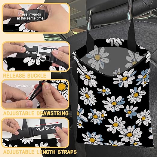 White Daisy Flowers Car Trash Bag, Strap Drawstring Car Garbage Bags,Car Back Seat Organizer with Adjustable Buckle for Car Accessories