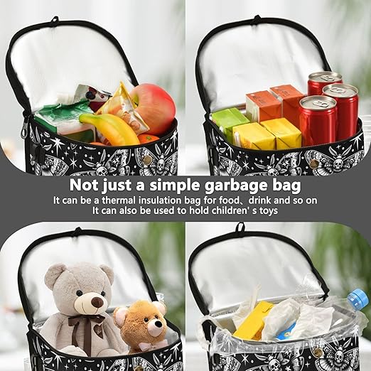 MNSRUU Car Trash Can with Lid, Digital Skull Head Moth Car Trash Bag Hanging Organizers and Storage for Front Back Seat, Leak-Proof Trash Bin