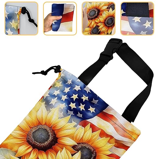 Sunflowers on American Flag Car Garbage Bag, Small Car Trash Bag Hanging Back of Seat,Drawstring Car Trash Bag with Adjustable Buckle,Car Accessories for Camping Travelling