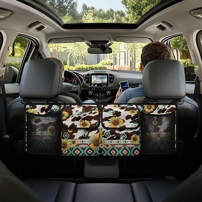 CLOHOMIN Aztec Trunk Organizer for Sedan SUV Van Brown Cow Print Car Organizer Sunflower Cargo Storage with 4 Pockets Foldable Car Trunk Storage Bag Auto Interior Accessories