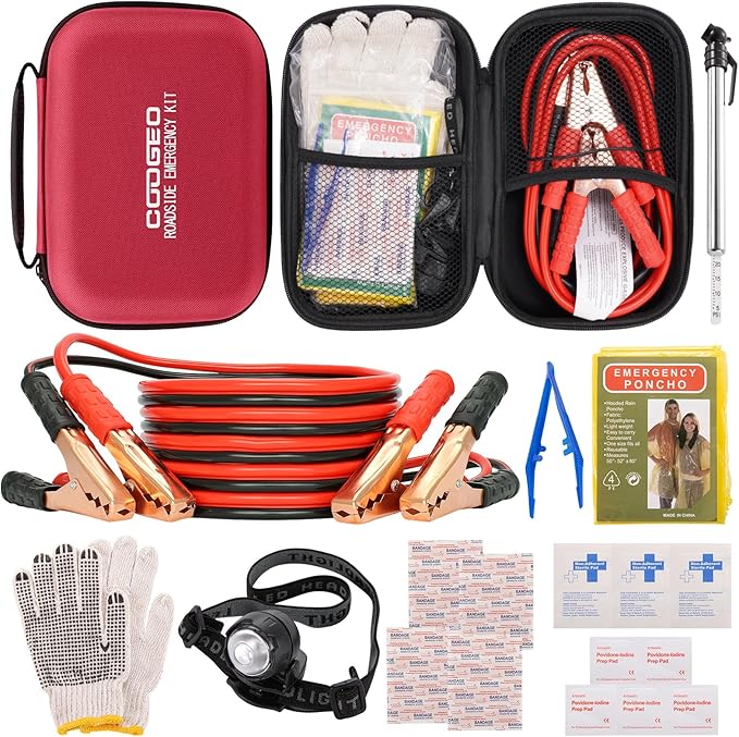 Car Roadside Emergency Kit with Battery Jumper Cables,Car Accessories for Men or Women,Automotive Safety Kit for Car,Vehicle, Truck or SUV,Gifts for Men or Him,Red