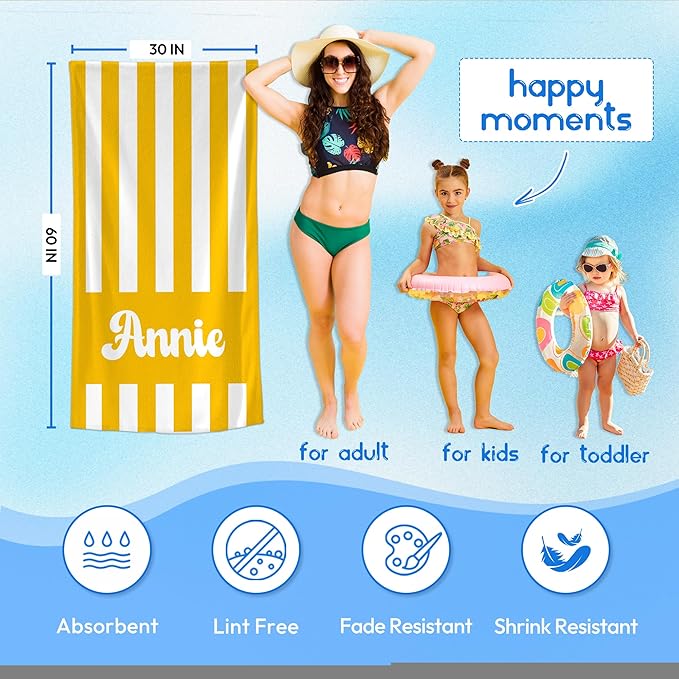 JML Personalized Beach Towel with Name, Custom Cabana Stripe Beach Towel, Customized Microfiber Pool Towel, Quick Dry & Absorbent Swim Towel for Adult,Mother's Day, Birthday, Summer Holiday,Vacation