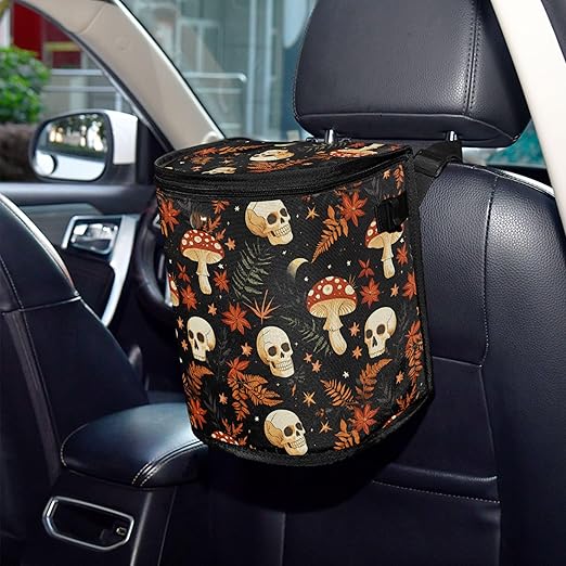 MNSRUU Car Trash Can with Lid, Mushrooms Skull Car Trash Bag Hanging Organizers and Storage for Front Back Seat, Leak-Proof Trash Bin